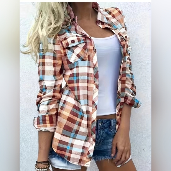 Brown Button Sleeve Collar Multi Color Plaid Top main image 1